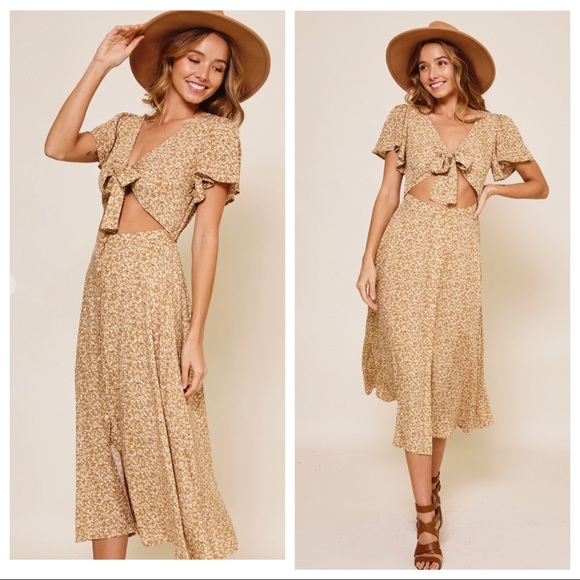 Alison Boho Short Sleeve Floral Midi Dress With Tie - Picture 3 of 4